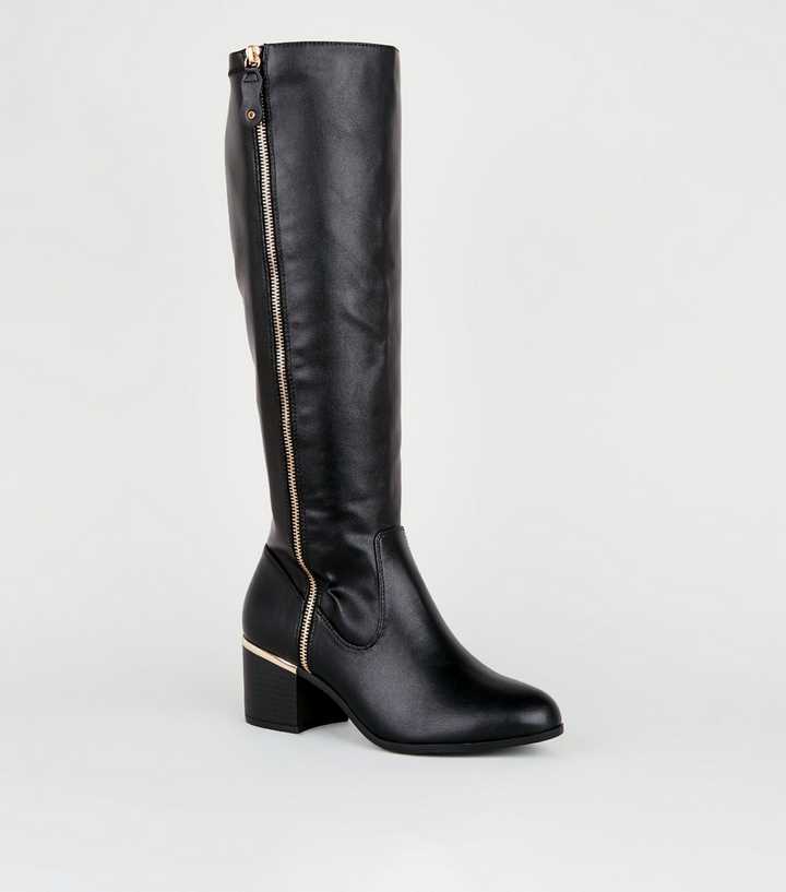 Wide Fit Black Leather-Look Knee High Boots | New Look