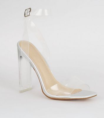 clear strap block heels