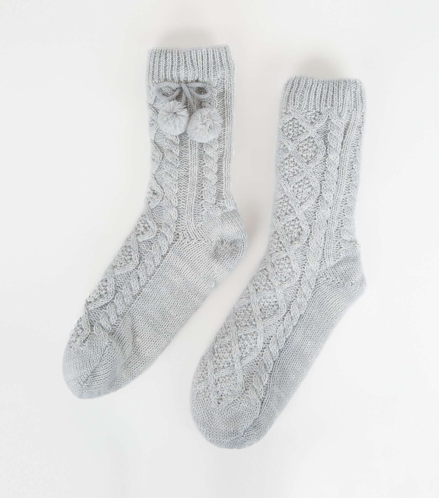 Grey Cable Knit Pom Pom Slipper Socks