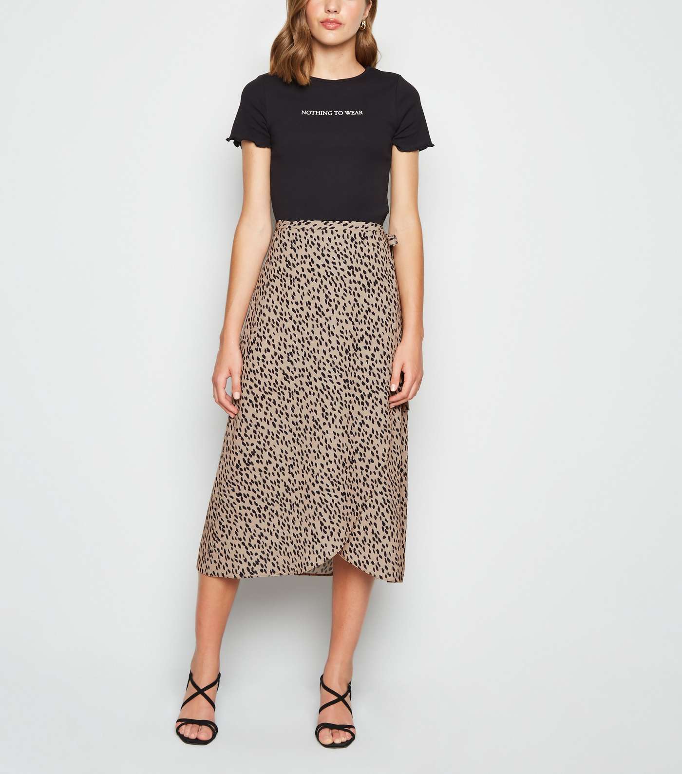Brown Abstract Spot Print Wrap Midi Skirt 