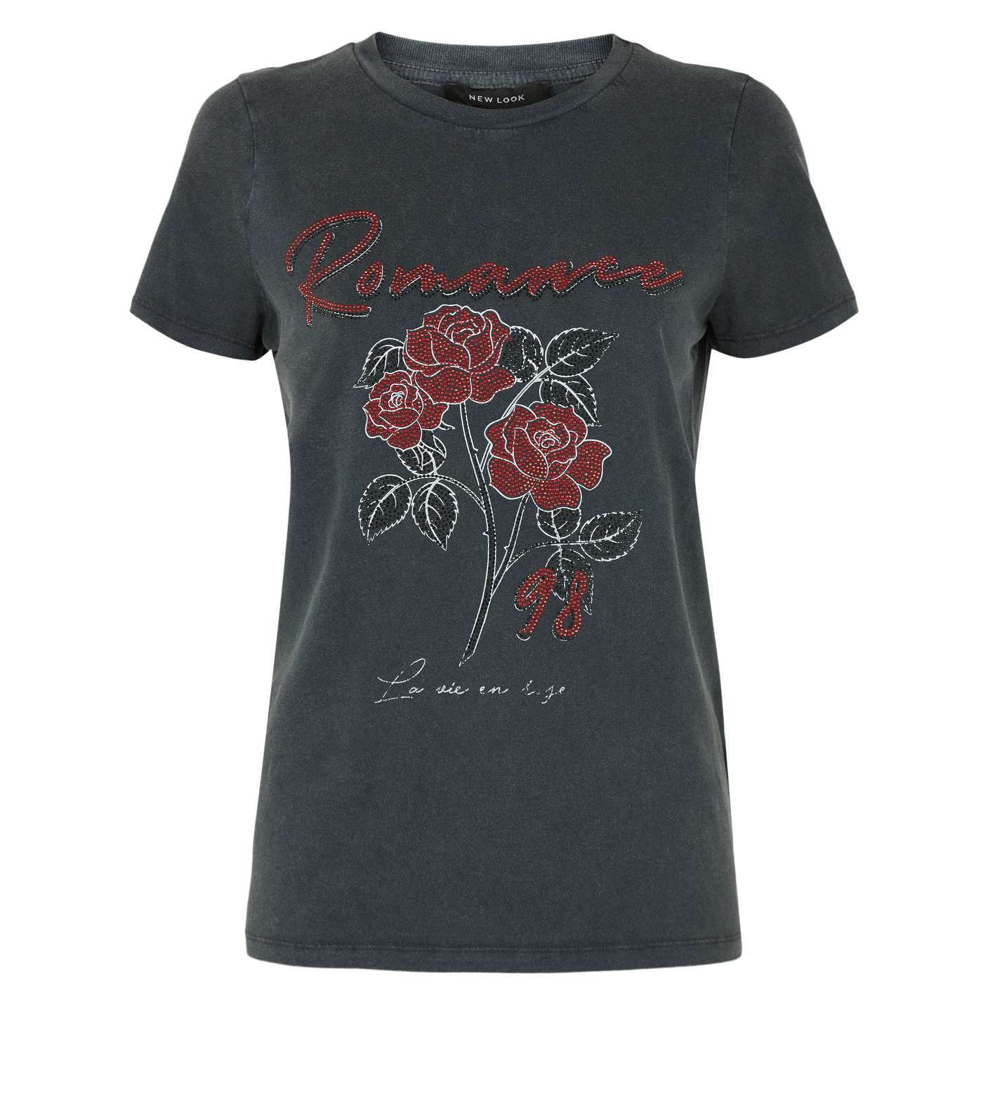 Dark Grey Diamanté Rose Romance Slogan T-Shirt  Image 4