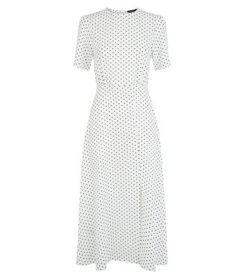 white spot split hem midi dress