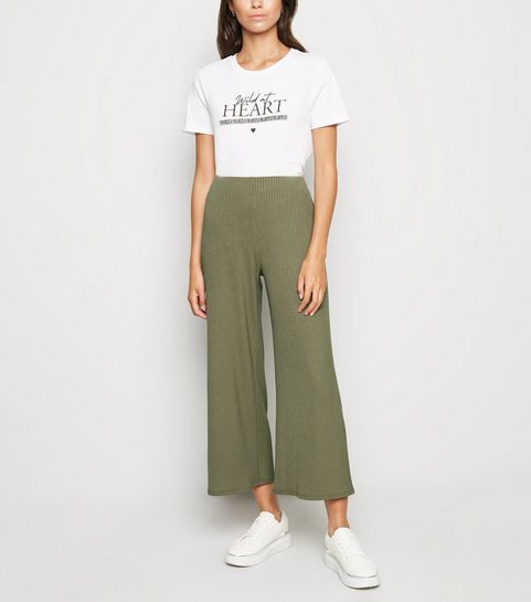 Khaki Ribbed Wide Leg Crop Trousers