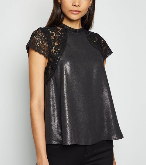 Black Shimmer Lace Sleeve Top