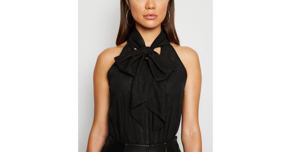 Black Mesh Tie Neck Bodysuit New Look