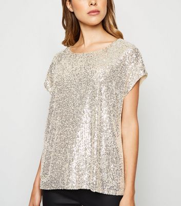 Goldfarbenes Oversize-T-Shirt mit Pailletten | New Look