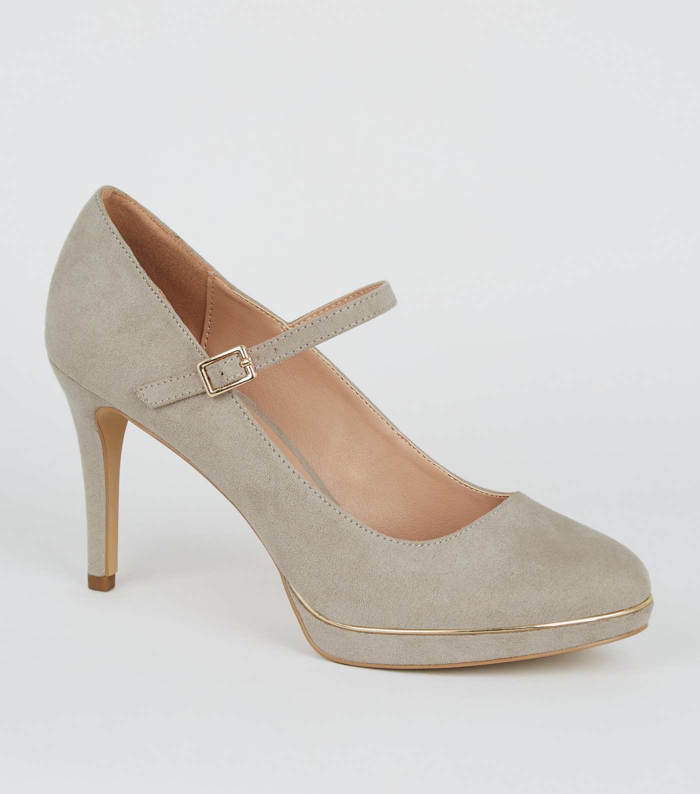 Grey Suedette Piped Trim Mary Jane Courts