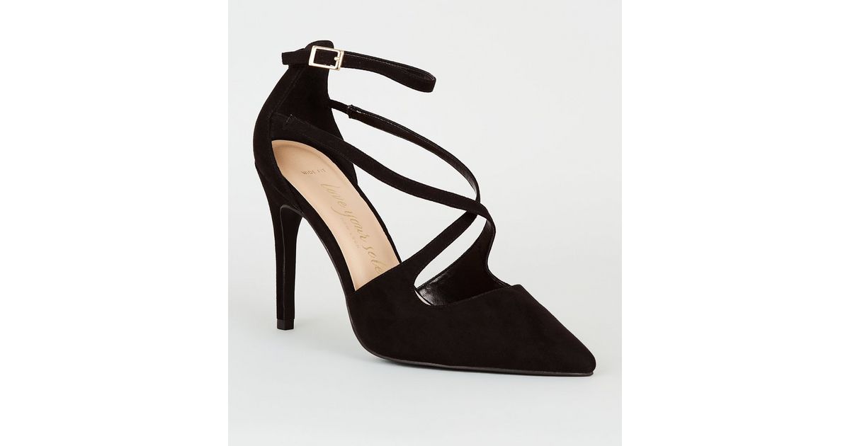 Wide Fit Black Suedette Strappy Court Shoes | New Look