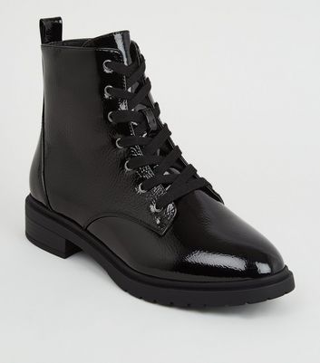 Wide Fit Black Patent Lace Up Boots 