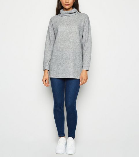 Grey Ribbed Brushed Cowl Neck Jumper