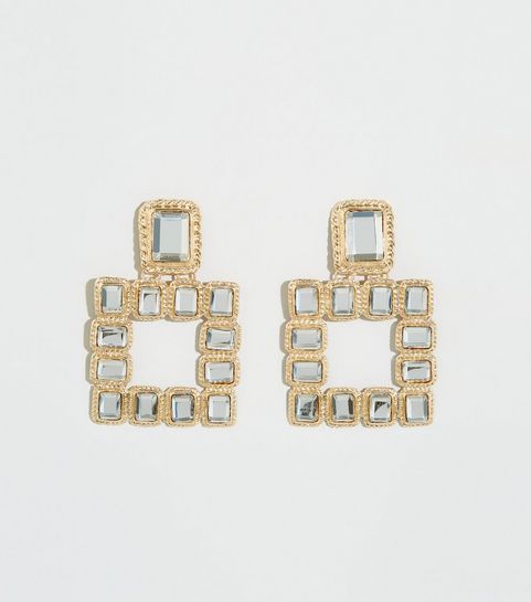 Goldfarbene Doorknocker-Ohrringe mit rechteckigen Schmucksteinen