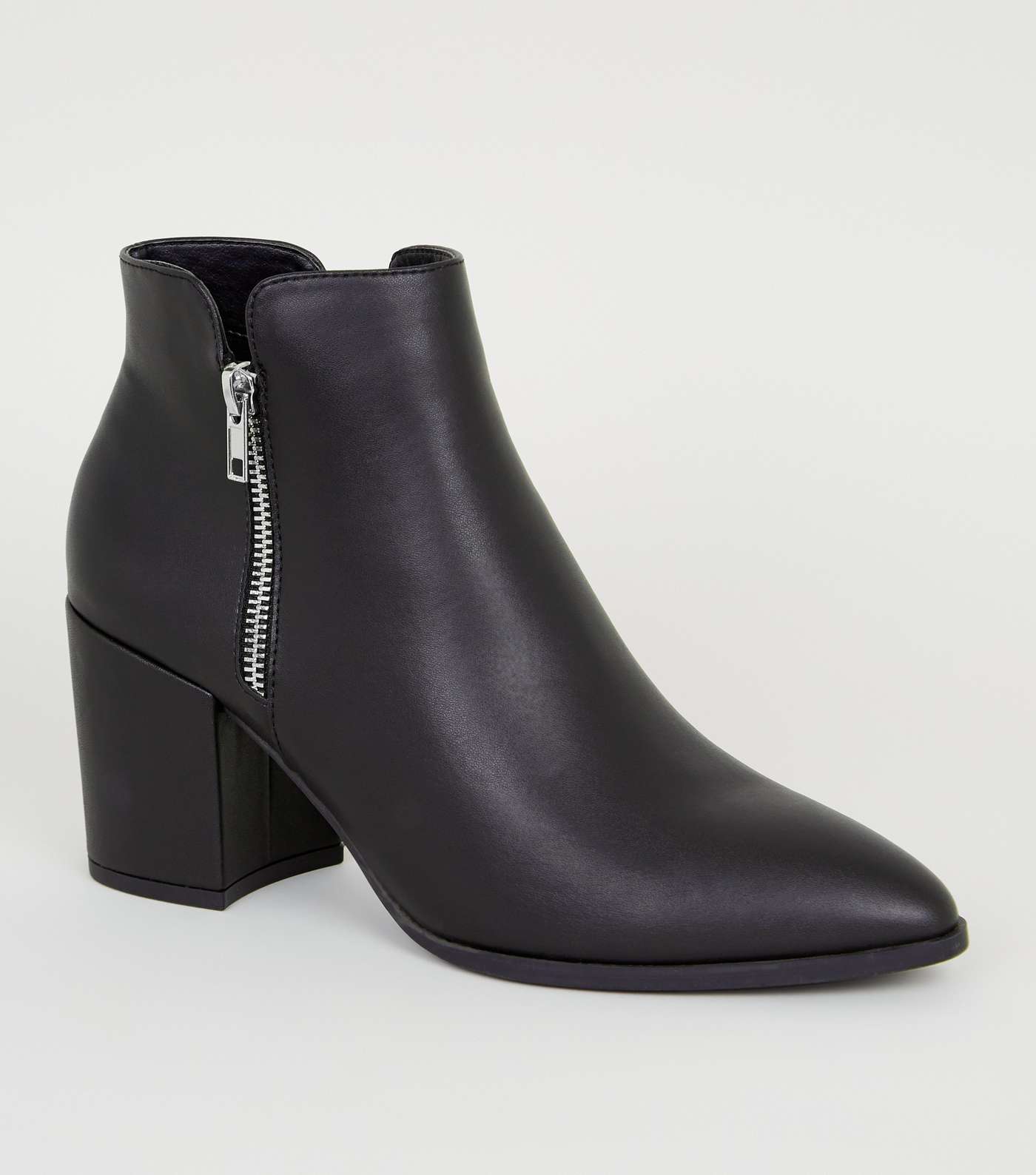 Black Leather-Look Side Zip Block Heel Boots