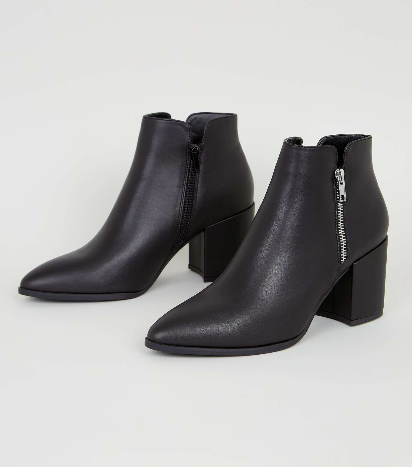 Black Leather-Look Side Zip Block Heel Boots Image 3