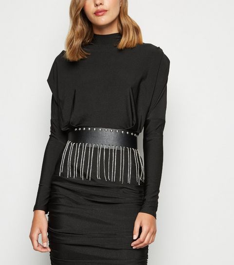 Black Leather-Look Diamanté Stud Waist Belt