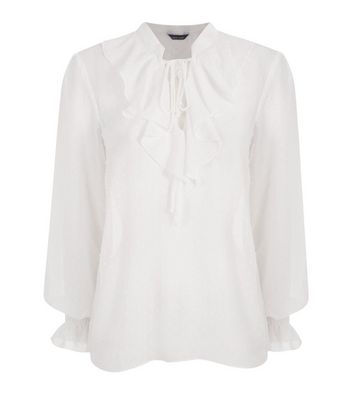 Cream Chiffon Spot Tie Neck Frill Blouse | New Look