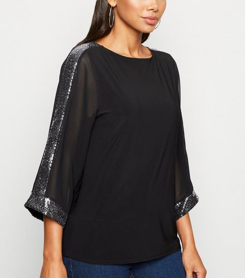 Schwarze Kimono-Bluse mit Pailletten