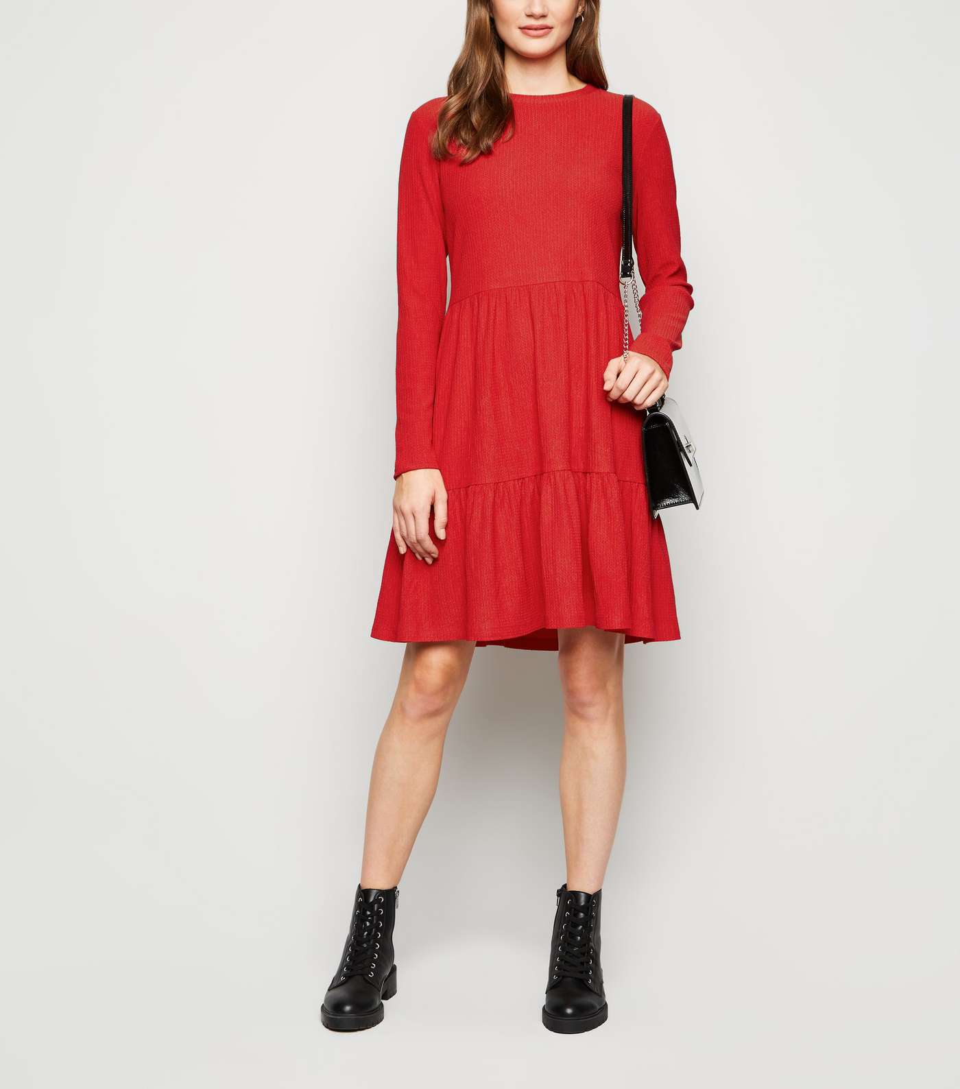Red Long Sleeve Tiered Smock Dress Image 2