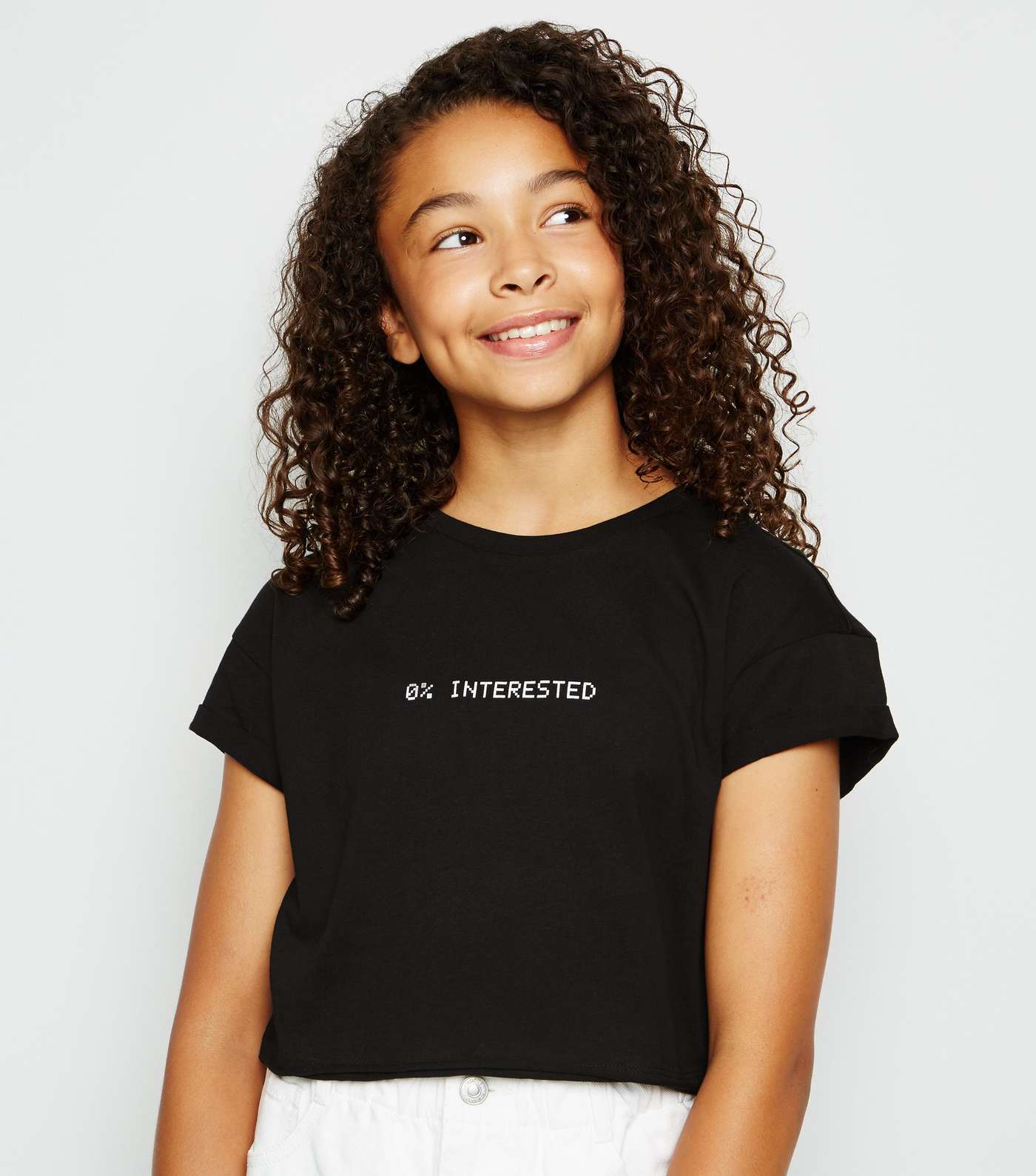 Girls Black 0% Interested Slogan T-Shirt