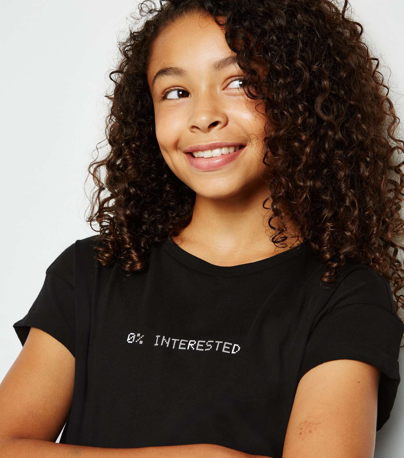 Girls Black 0% Interested Slogan T-Shirt Image 3