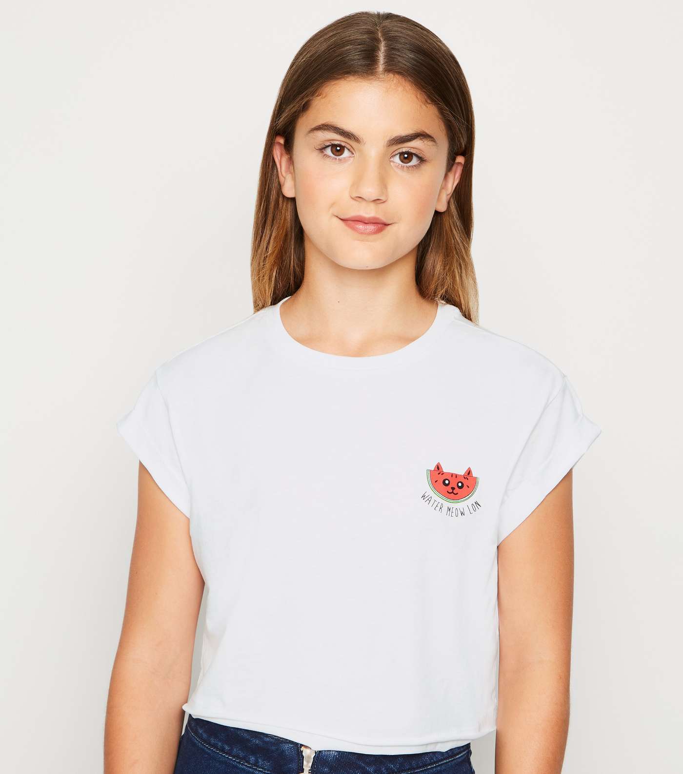 Girls White Watermelon Cat Slogan T-Shirt