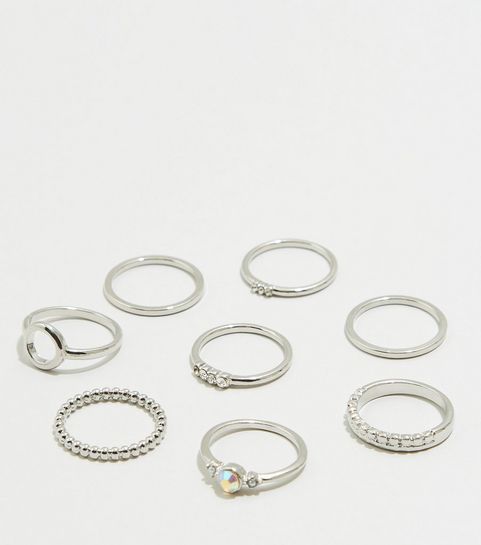 8 Pack Silver Diamanté Stacking Rings