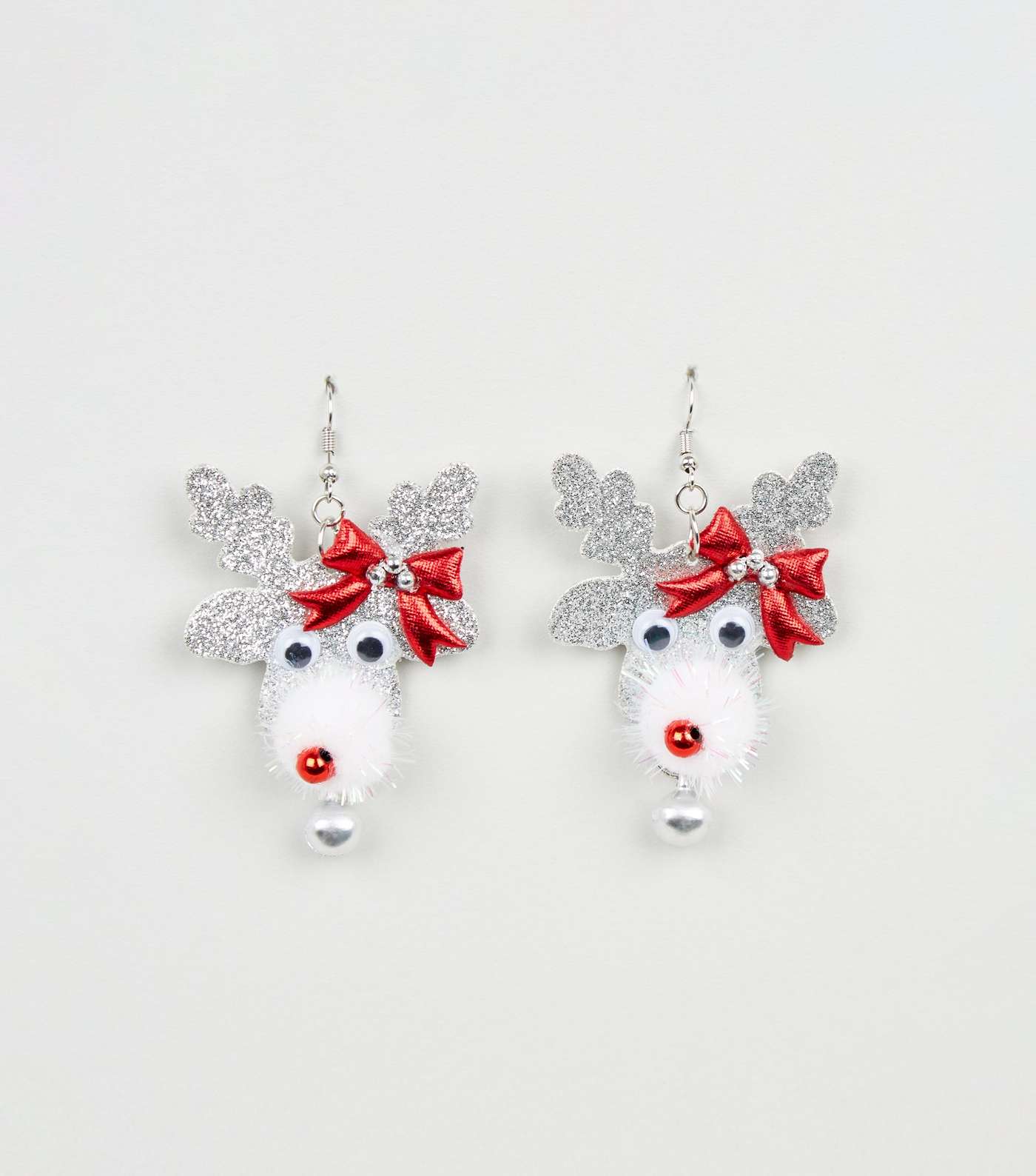 Silver Christmas Glitter Reindeer Bell Earrings