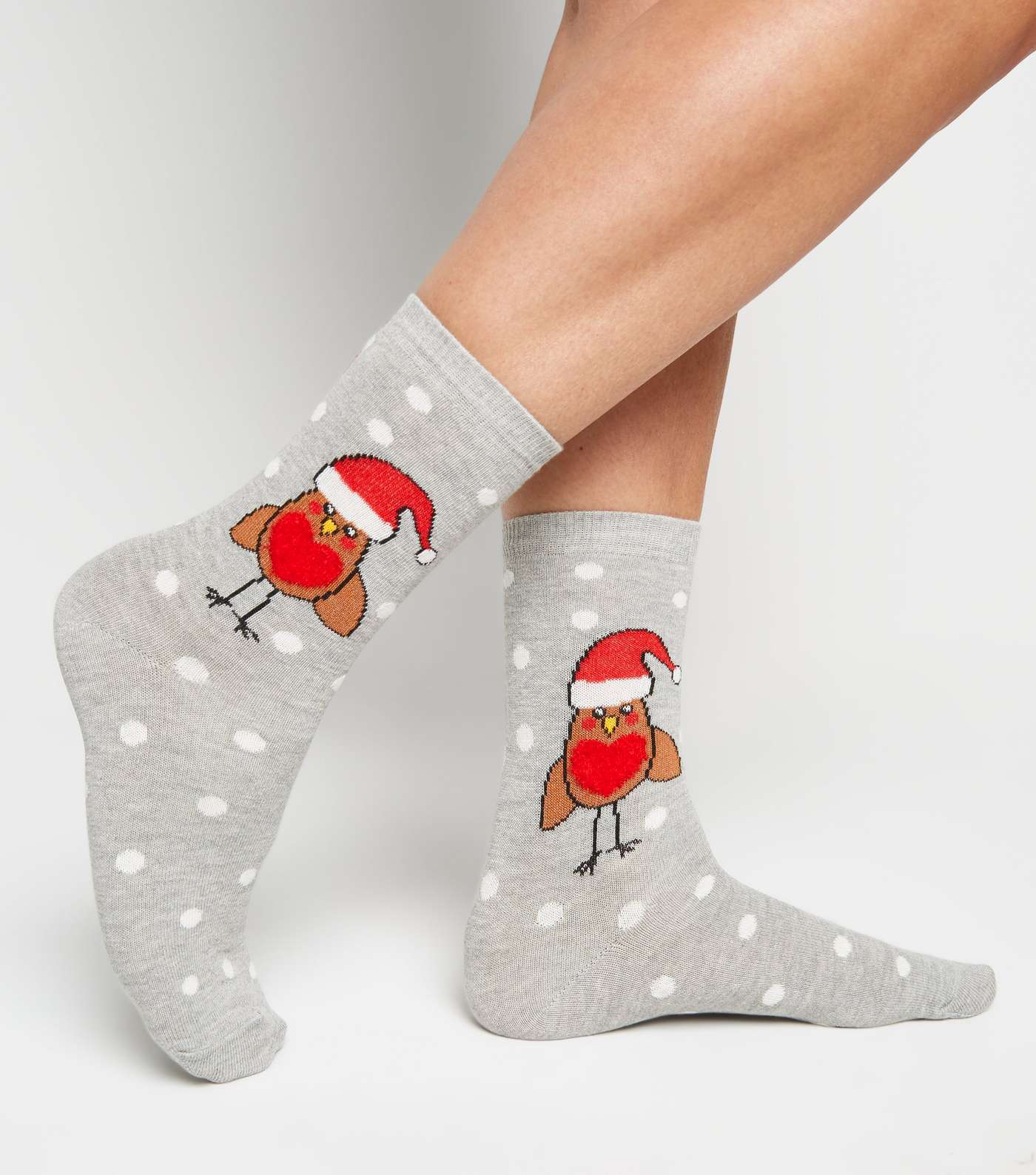Grey Fluffy Robin Christmas Socks Image 2