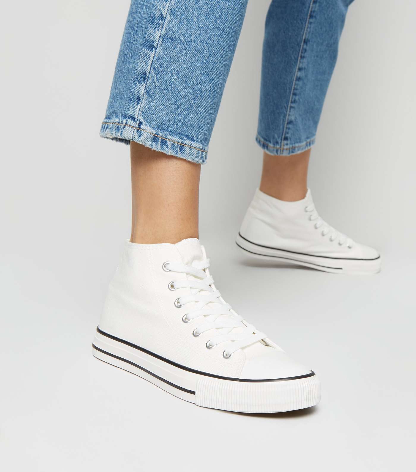 White Canvas Stripe Sole High Top Trainers Image 2