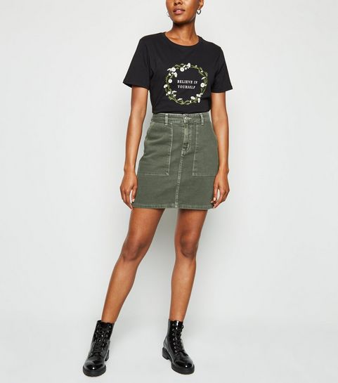 Khaki Contrast Stitch Denim Mini Skirt