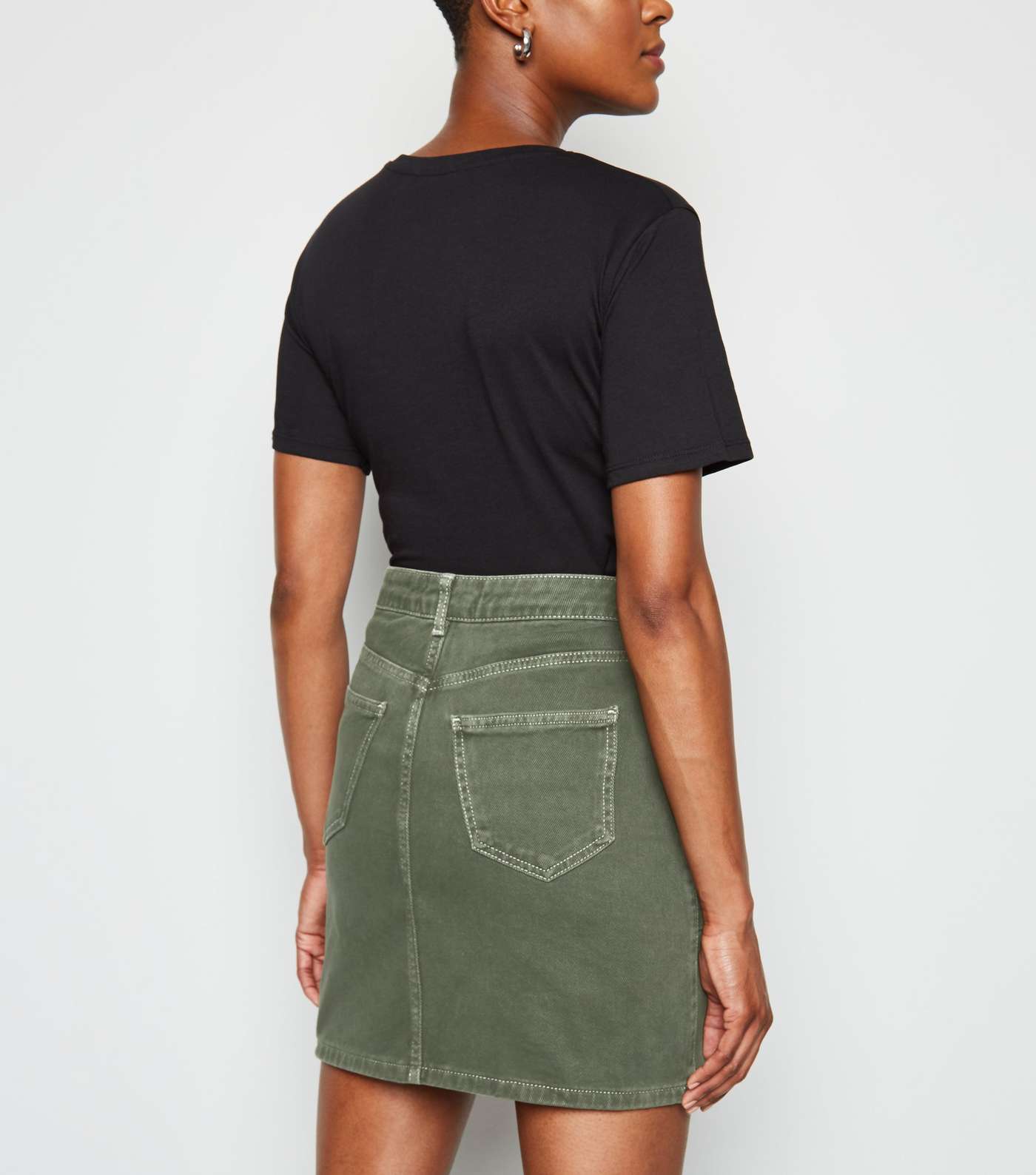 Khaki Contrast Stitch Denim Mini Skirt Image 3