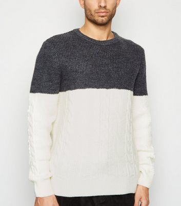 Grey Colour Block Cable Knit Jumper 