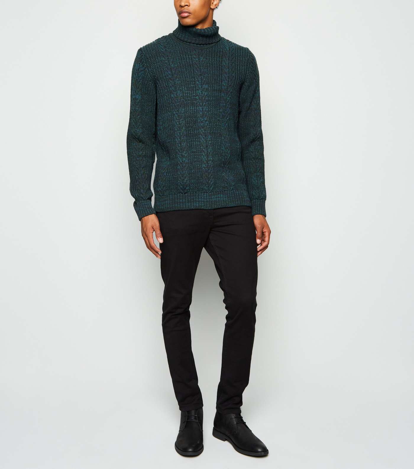 Dark Green Cable Knit Roll Neck Jumper Image 2