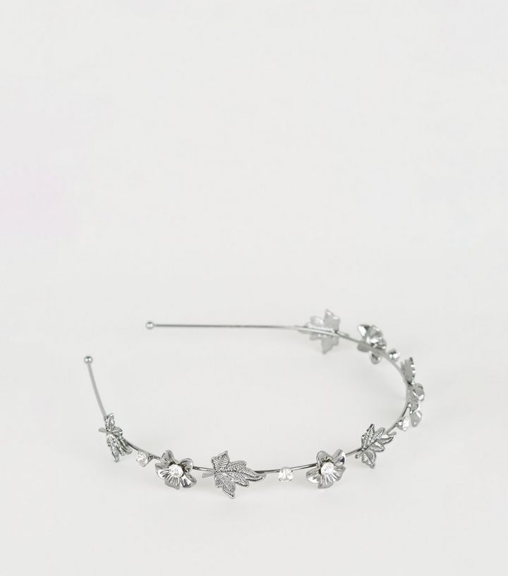 Black Metal Flower Embellished Headband New Look