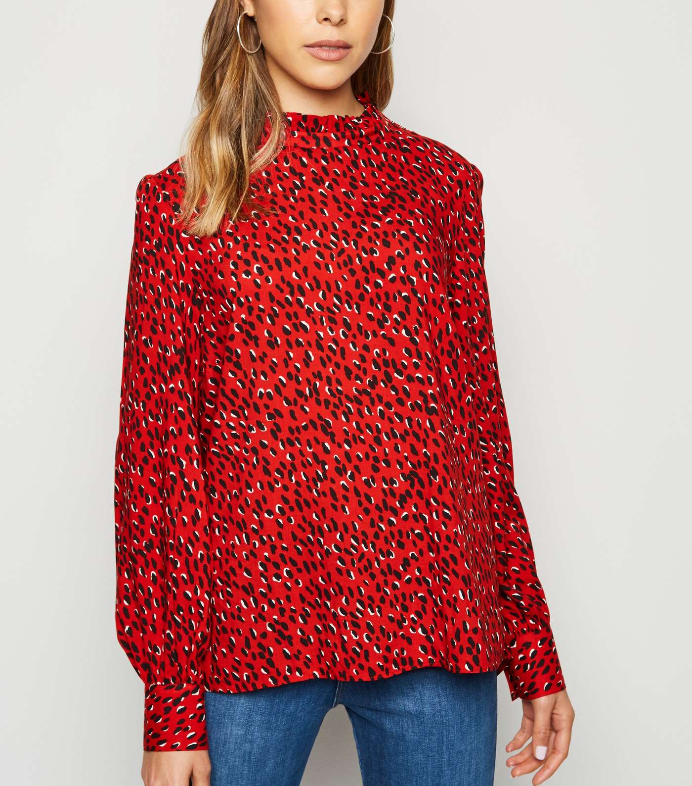Red Spot Frill Neck Puff Sleeve Blouse