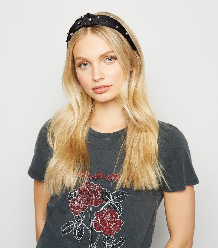 Black Satin Spike Stud Knot Headband New Look