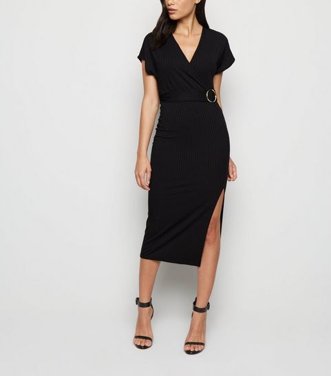 Black Ribbed Belted Wrap Midi Dress