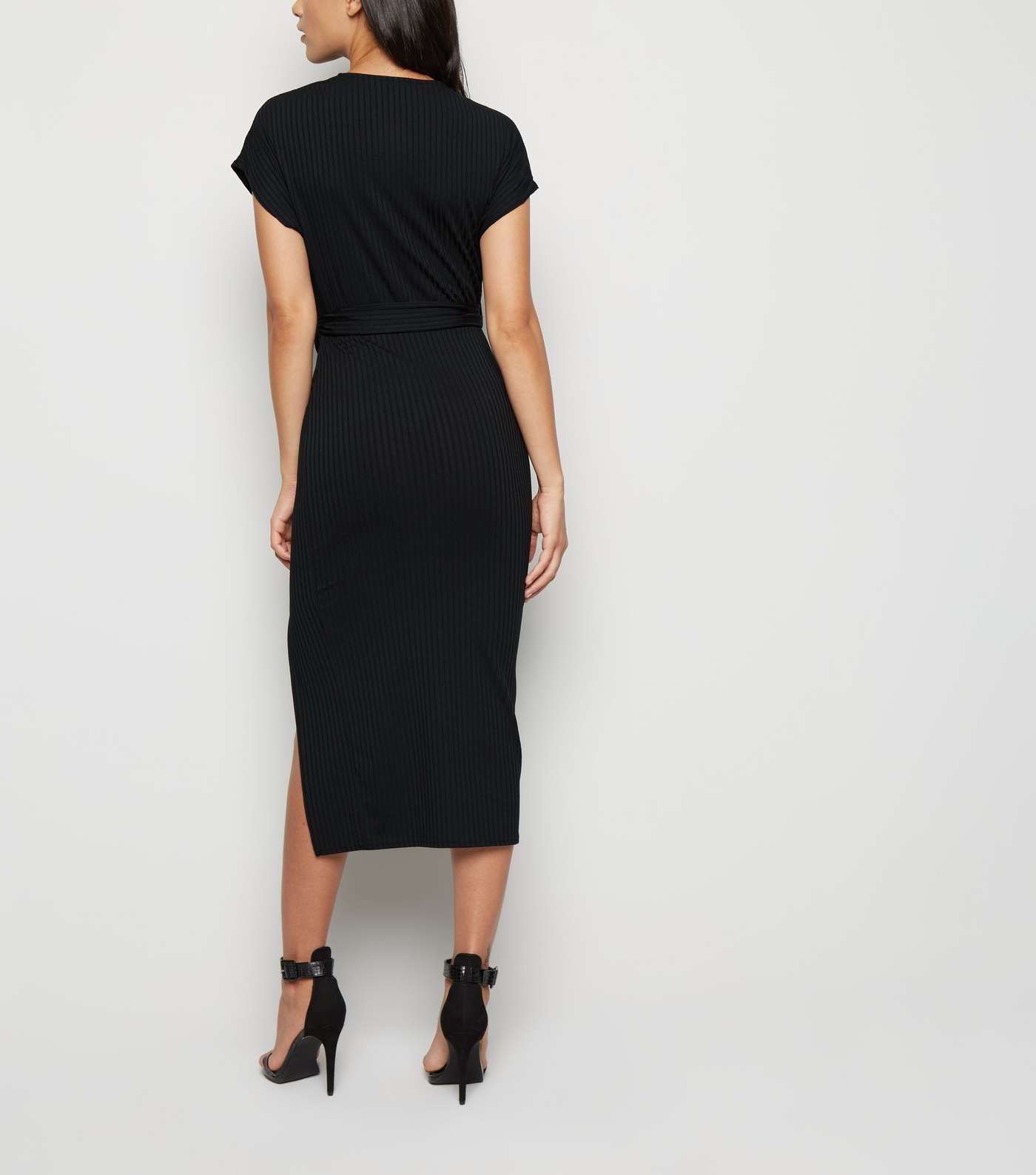Black Ribbed Belted Wrap Midi Dress Image 3