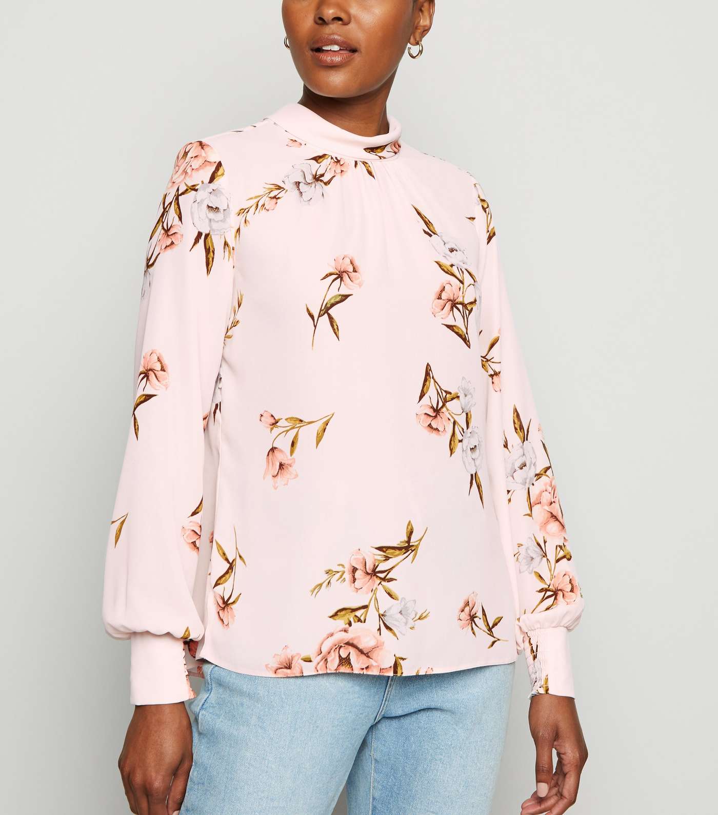 Pink Floral Chiffon Roll Neck Blouse