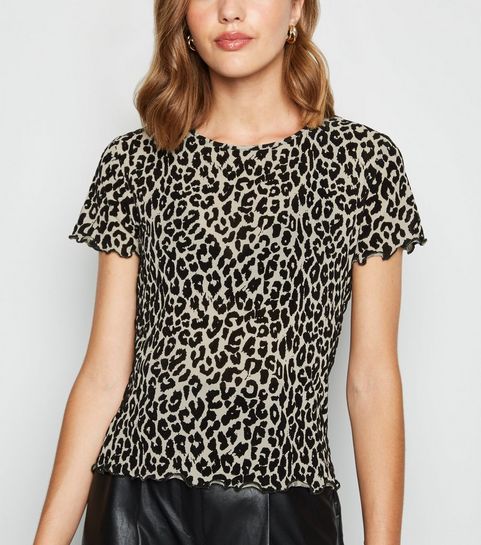 T-shirt marron en tulle à motif léopard floqué