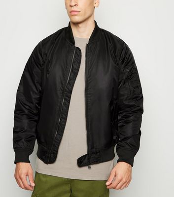 Men's navy nylon bomber jacket with detachable hood