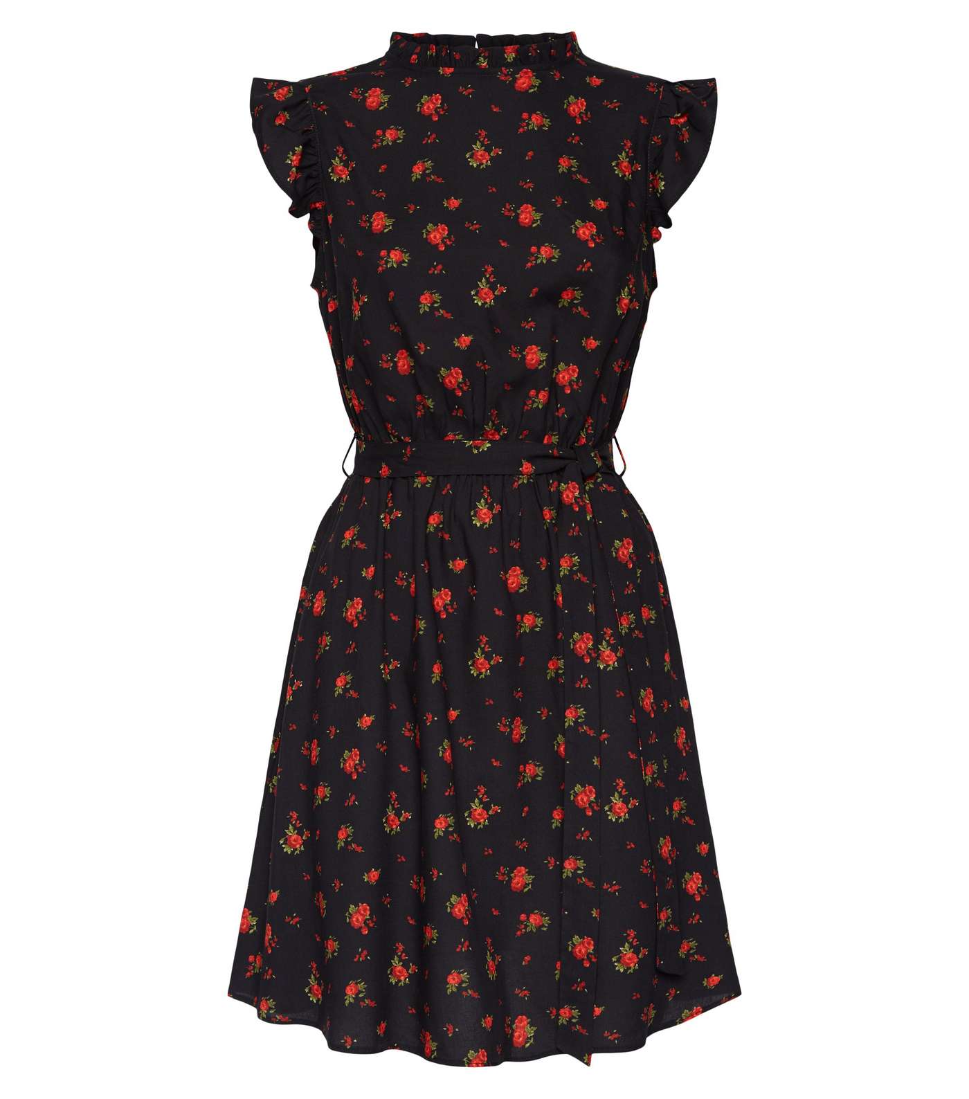 Petite Black Rose Frill Trim Tie Waist Mini Dress Image 4