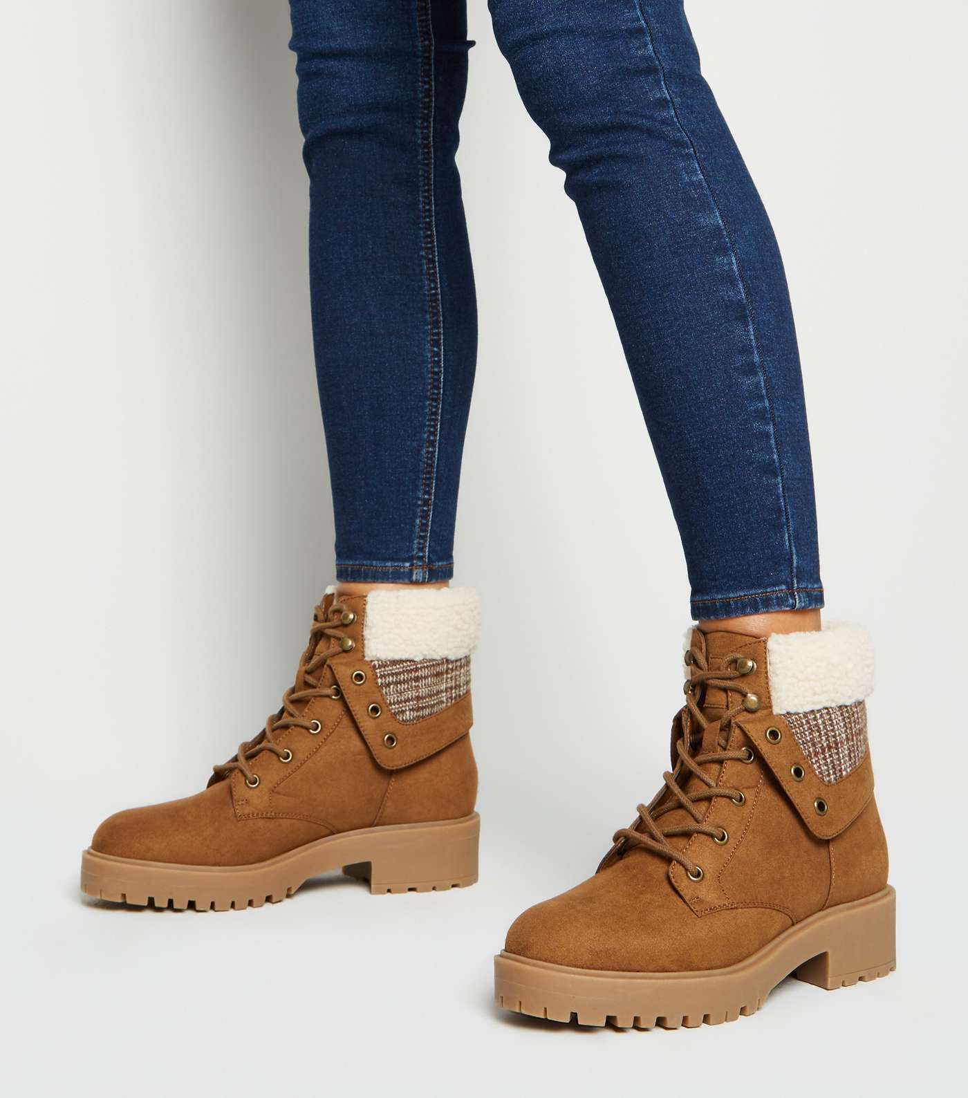 Tan Suedette Check Teddy Lined Chunky Boots Image 2