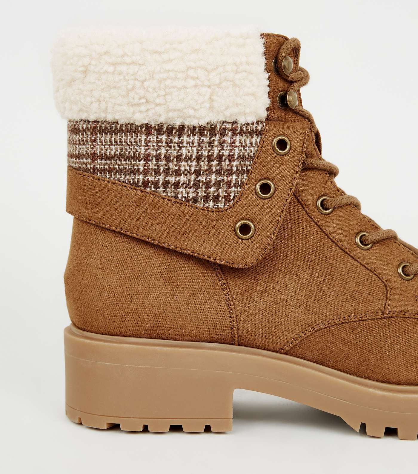 Tan Suedette Check Teddy Lined Chunky Boots Image 4