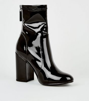 Black Patent Block Heel Boots | New Look