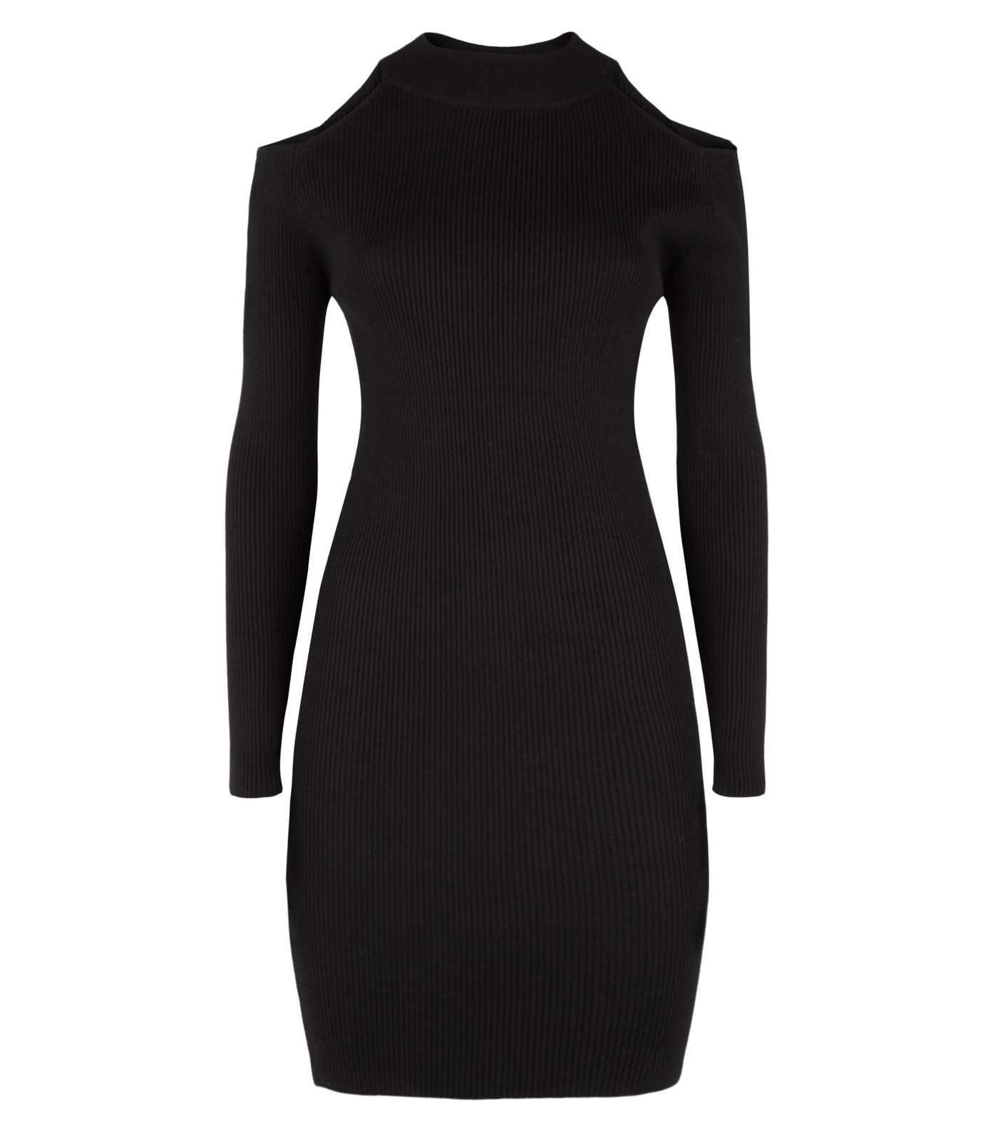 Black Ribbed Cold Shoulder Mini Jumper Dress Image 4