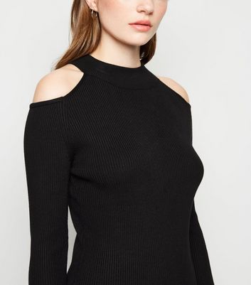 Black Ribbed Cold Shoulder Mini Jumper Dress New Look