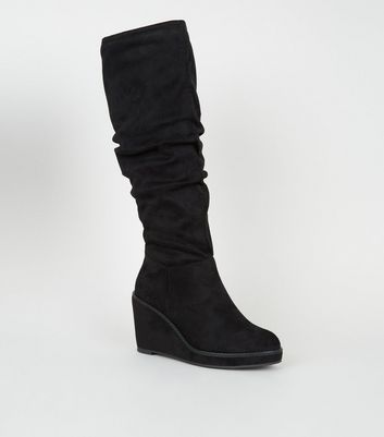 Black knee high store wedge boots uk