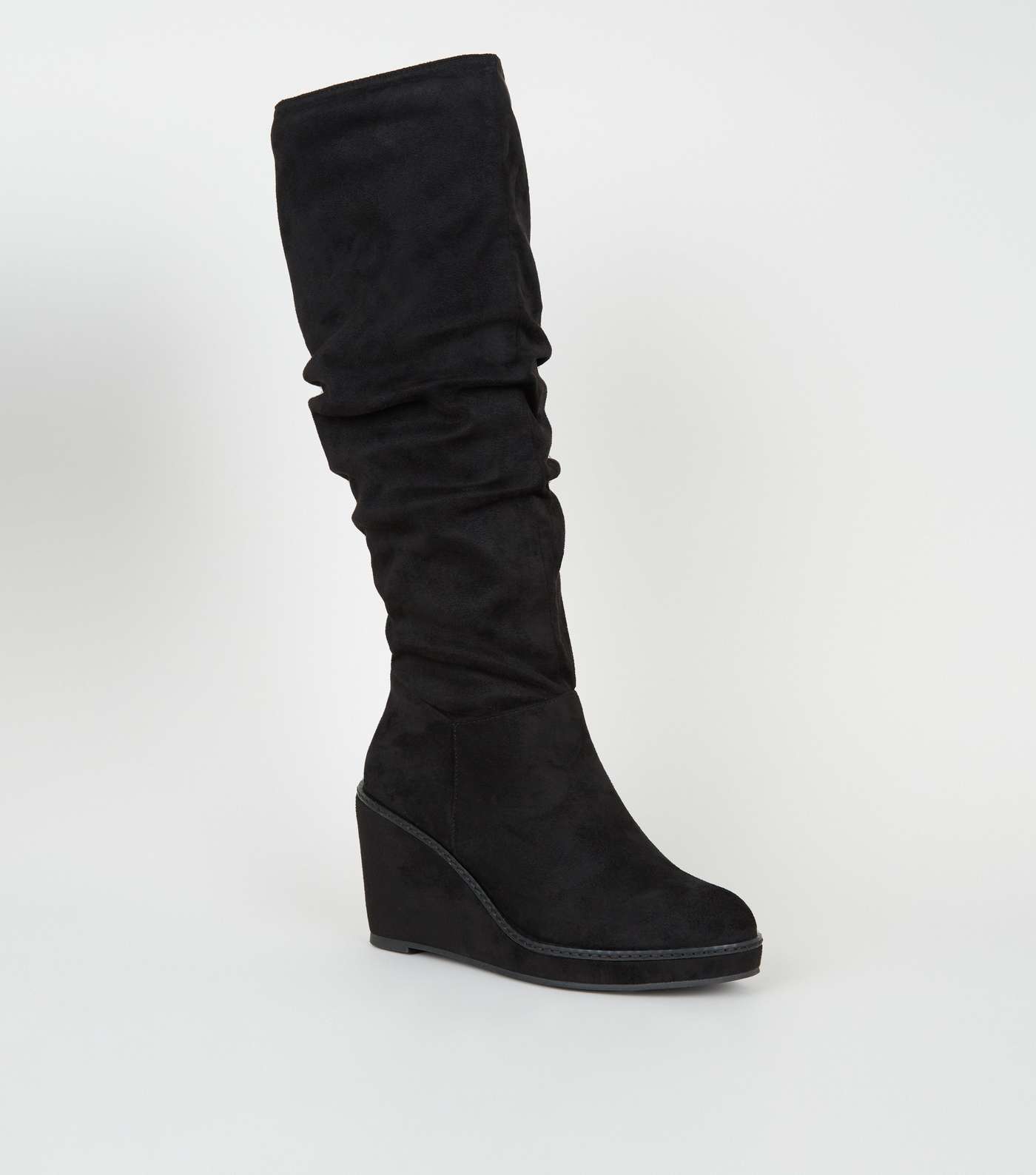 Black Suedette Knee High Slouch Wedge Boots