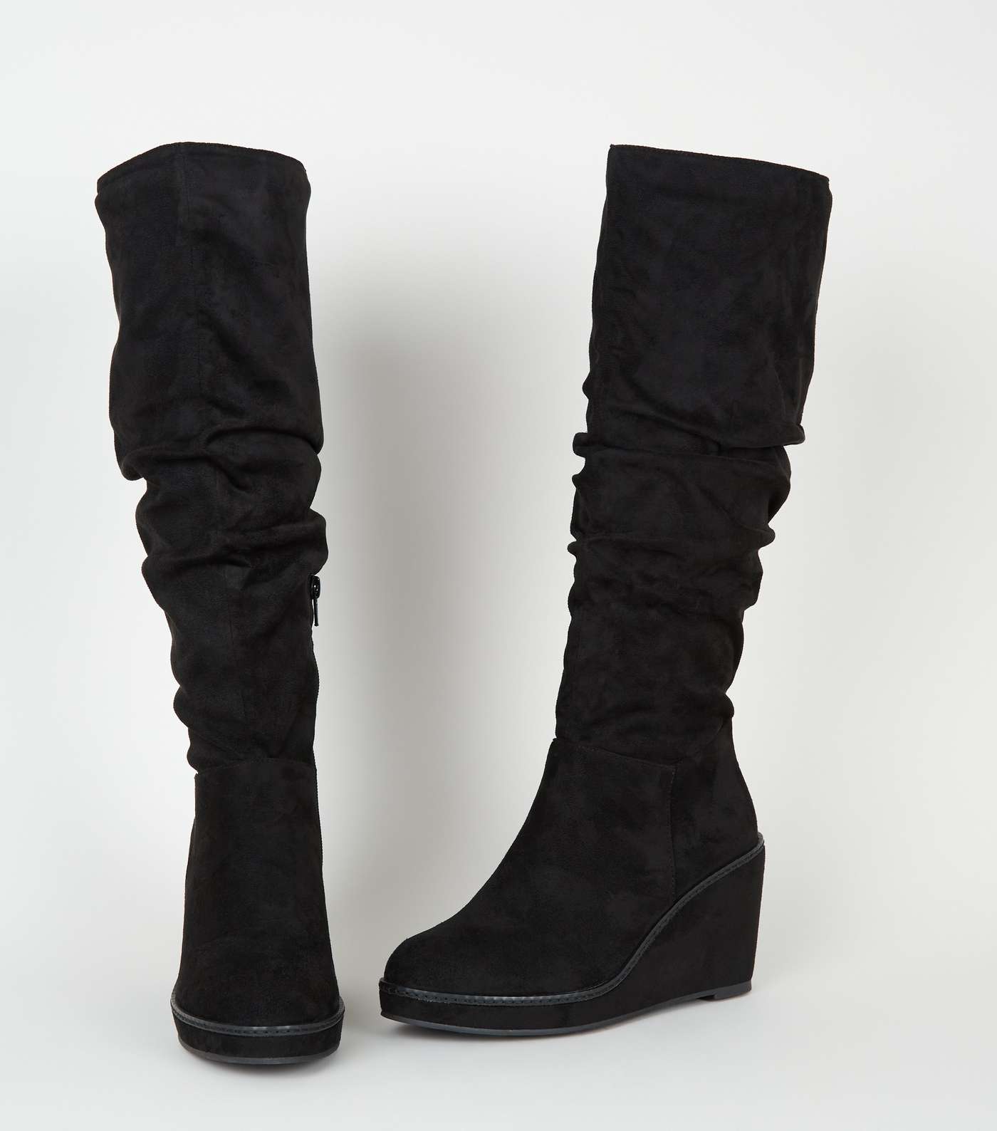 Black Suedette Knee High Slouch Wedge Boots Image 3