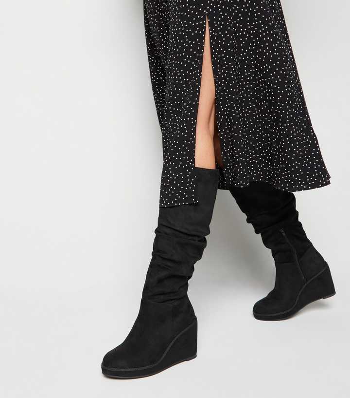 Svare varme Opdage Black Suedette Knee High Slouch Wedge Boots | New Look